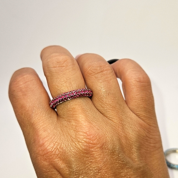 Set of Pink Red and Blue CZ Silver Matching Stackable Eternity Band Rings - Picture 6 of 10